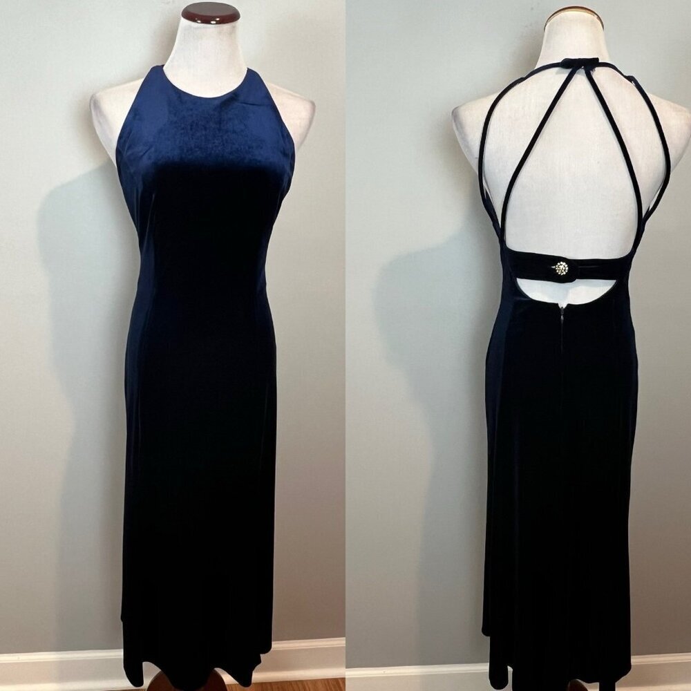 Vintage 90s Y2K Velvet Dress Size 4 Formal Navy Blue Gown Open Back Stretch